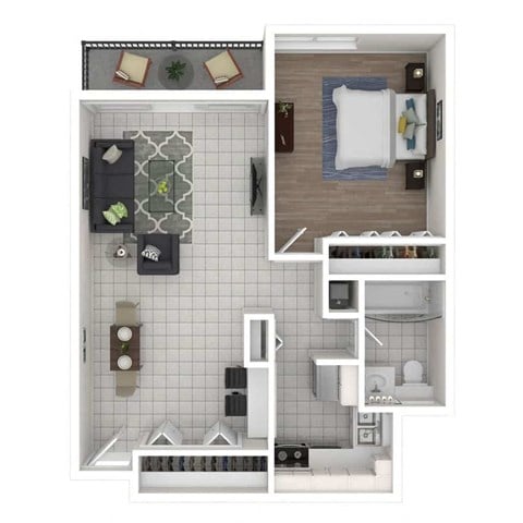 Floor plan for 1 bed, 1 bath, 686 sqft